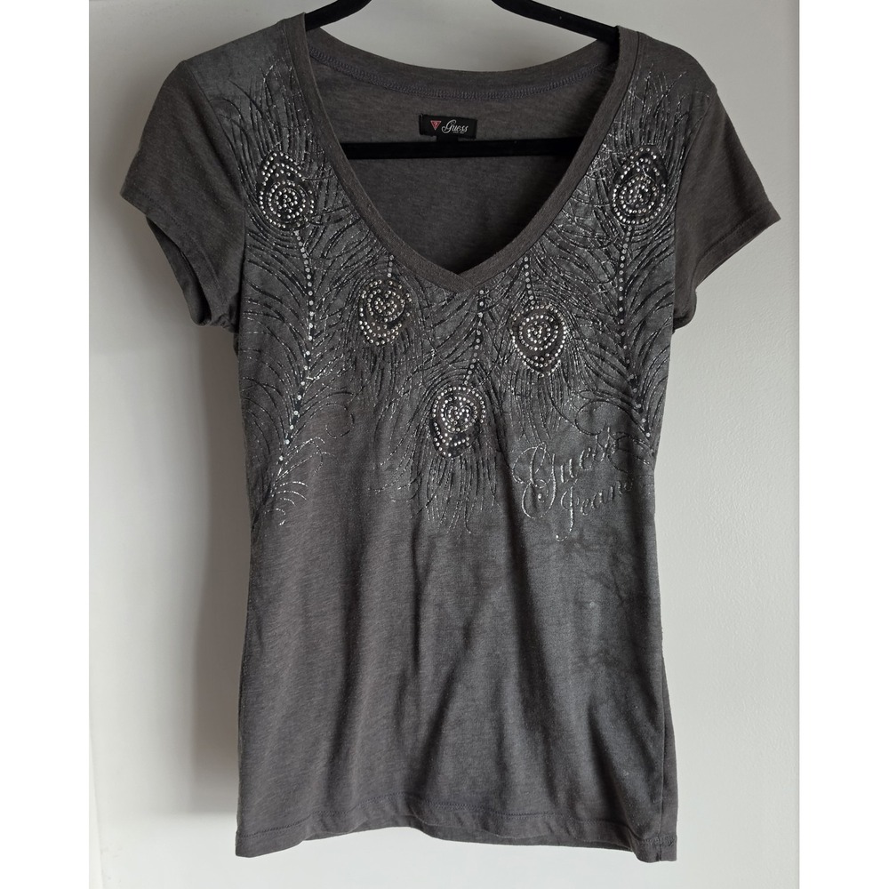 Guess T-Shirt Womens L Gray V-Neck Short Sleeve Peacock Feather Graphic Print - Picture 1 of 6